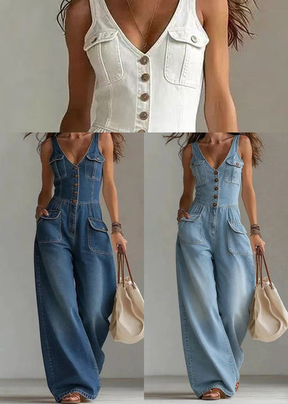 Beautiful White V Neck Pockets Denim Jumpsuits Summer