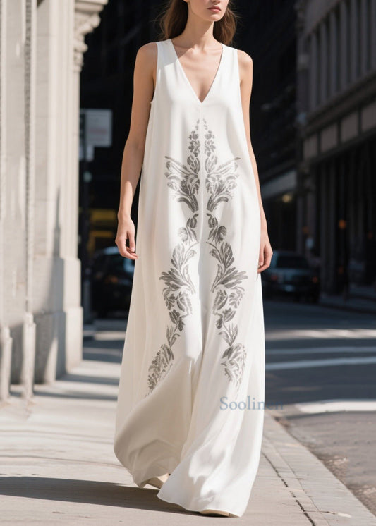 Beautiful White V Neck Print Chiffon Maxi Dresses Summer