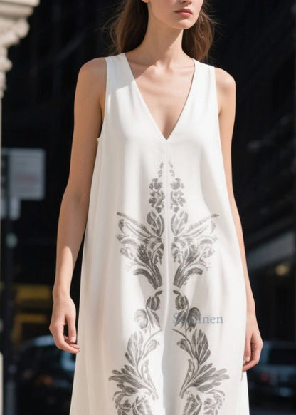 Beautiful White V Neck Print Chiffon Maxi Dresses Summer