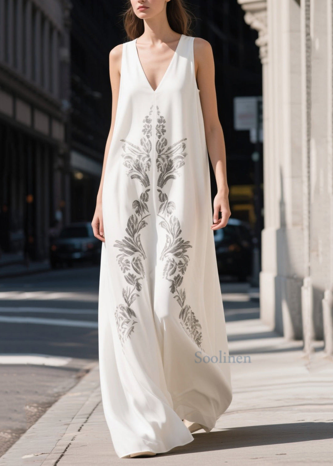 Beautiful White V Neck Print Chiffon Maxi Dresses Summer