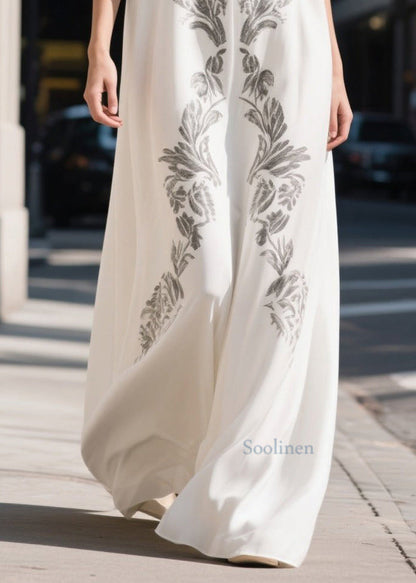Beautiful White V Neck Print Chiffon Maxi Dresses Summer