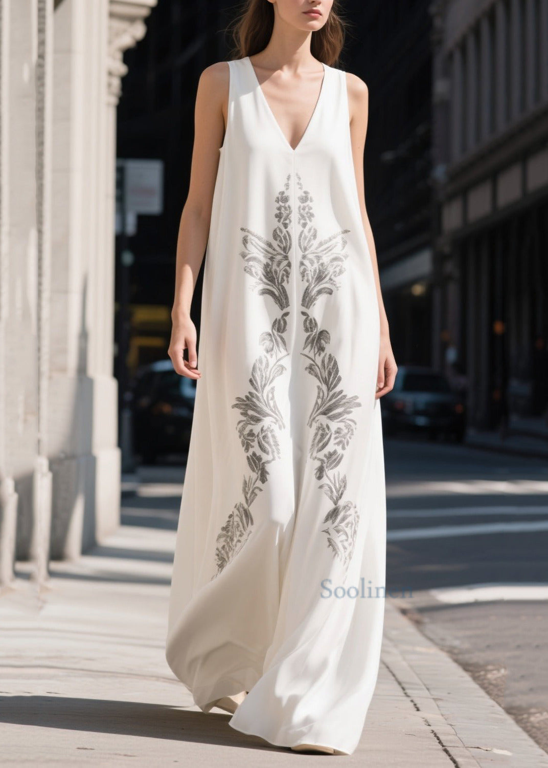Beautiful White V Neck Print Chiffon Maxi Dresses Summer