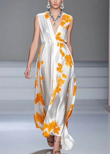 Beautiful White V Neck Print Silk Summer Dress Sleeveless