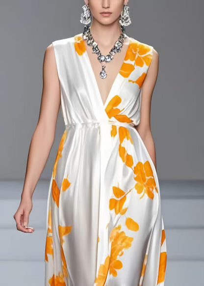 Beautiful White V Neck Print Silk Summer Dress Sleeveless