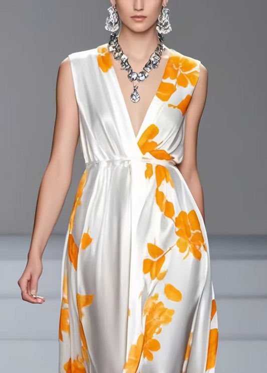 Beautiful White V Neck Print Silk Summer Dress Sleeveless