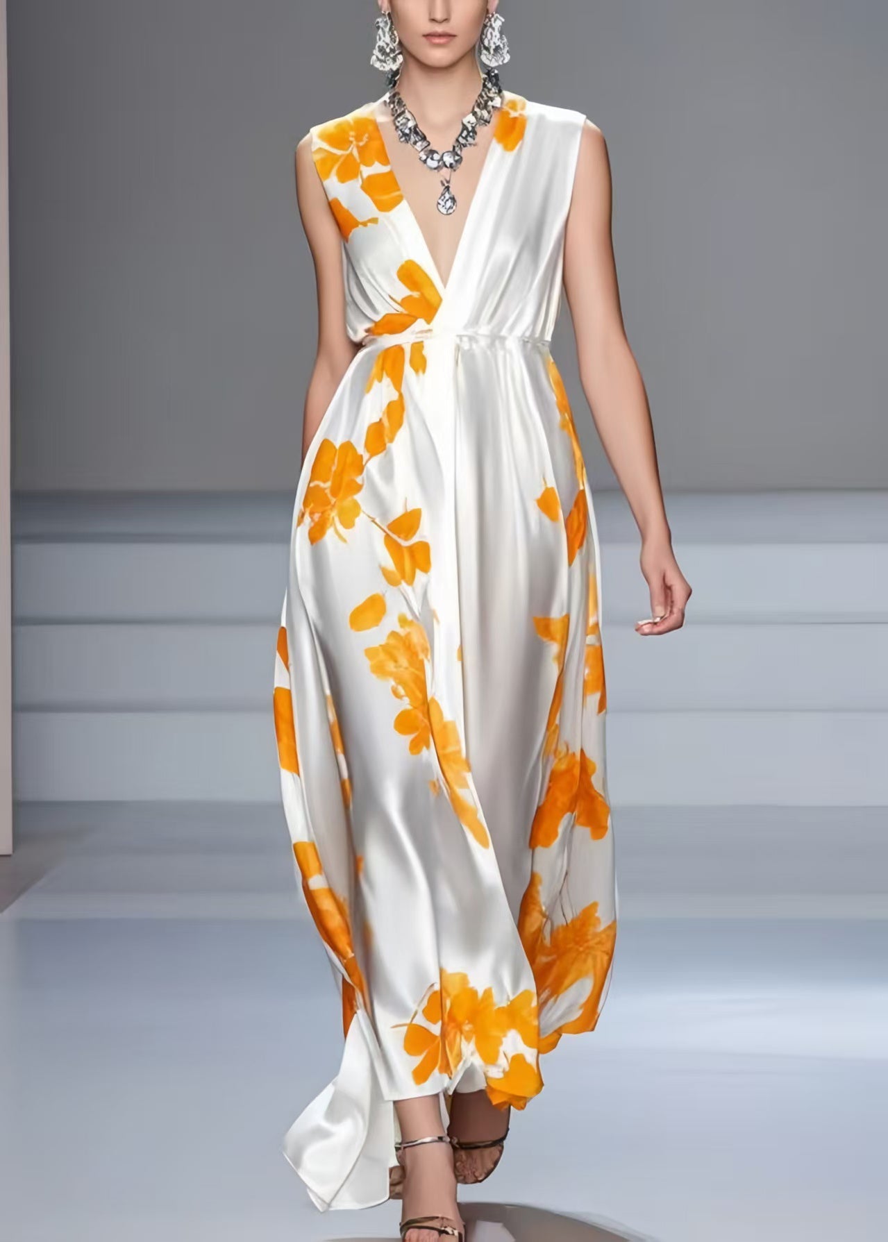 Beautiful White V Neck Print Silk Summer Dress Sleeveless