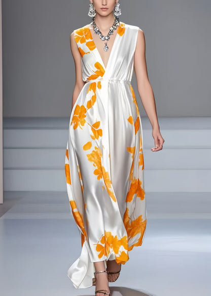 Beautiful White V Neck Print Silk Summer Dress Sleeveless