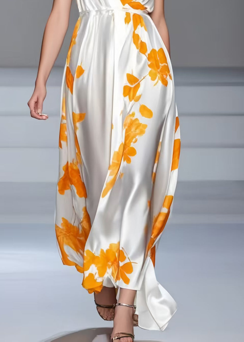 Beautiful White V Neck Print Silk Summer Dress Sleeveless