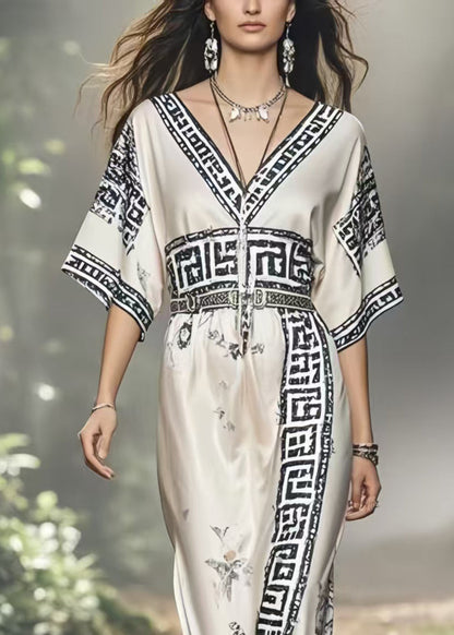 Beautiful White V Neck Print Silk Vacation Dresses Summer