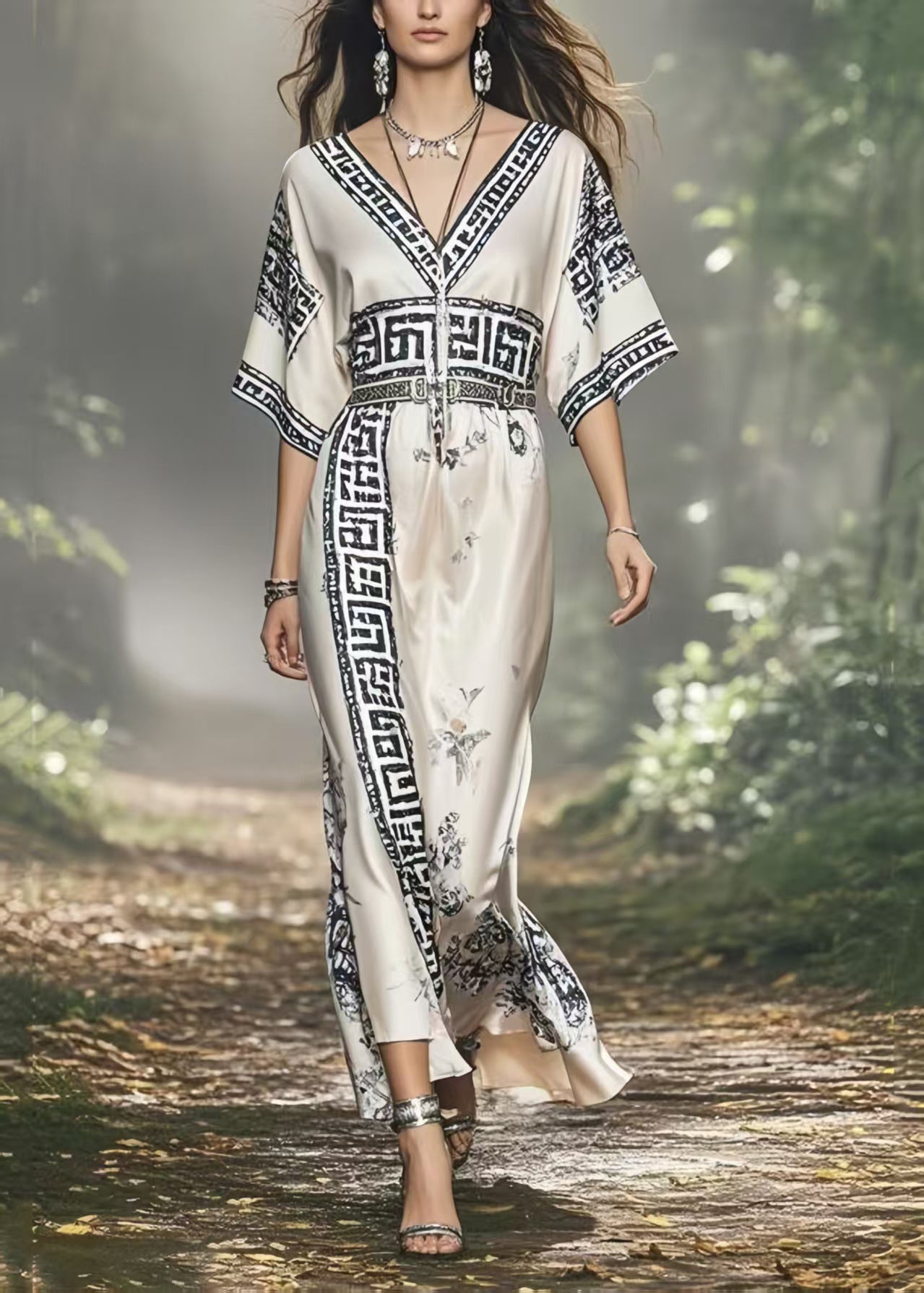 Beautiful White V Neck Print Silk Vacation Dresses Summer