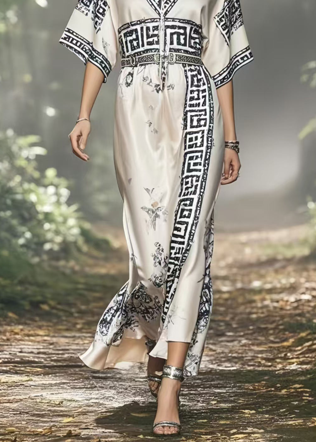 Beautiful White V Neck Print Silk Vacation Dresses Summer