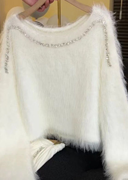 Beautiful White Zircon Cozy Knit Short Sweater Spring