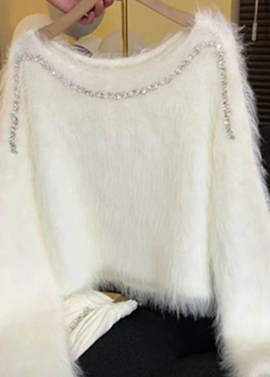 Beautiful White Zircon Cozy Knit Short Sweater Spring