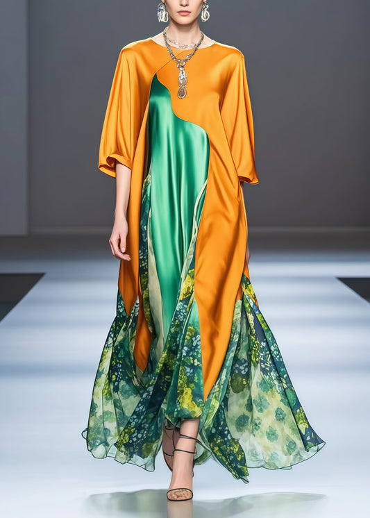Beautiful Yellow Asymmetrical Patchwork Draping Silk Holiday Dress Spring