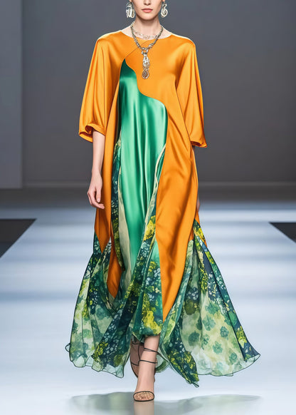 Beautiful Yellow Asymmetrical Patchwork Draping Silk Holiday Dress Spring