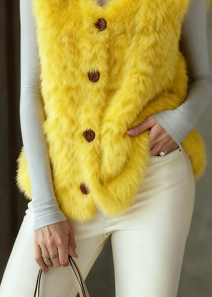 Beautiful Yellow Button Faux Fur Vest Tops Sleeveless