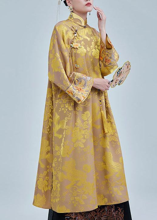 Beautiful Yellow Embroidered Jacquard Silk Long Dress Fall
