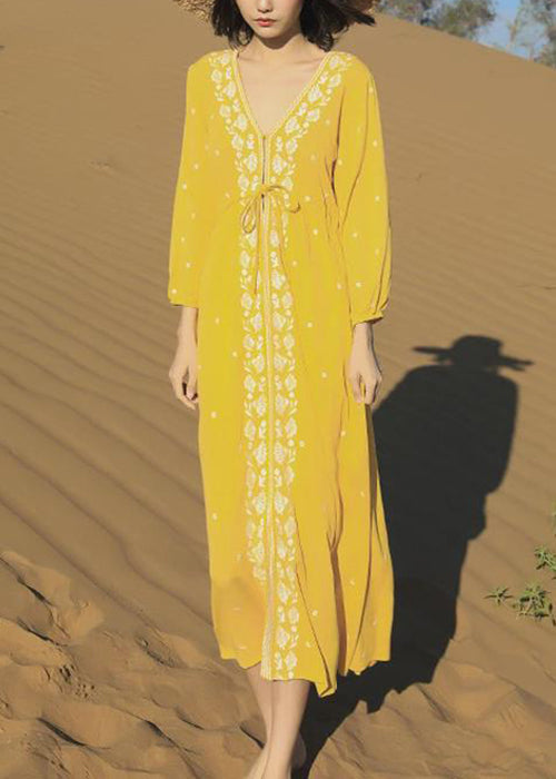Beautiful Yellow Embroidered Lace Up Cotton Long Dresses Bracelet Sleeve