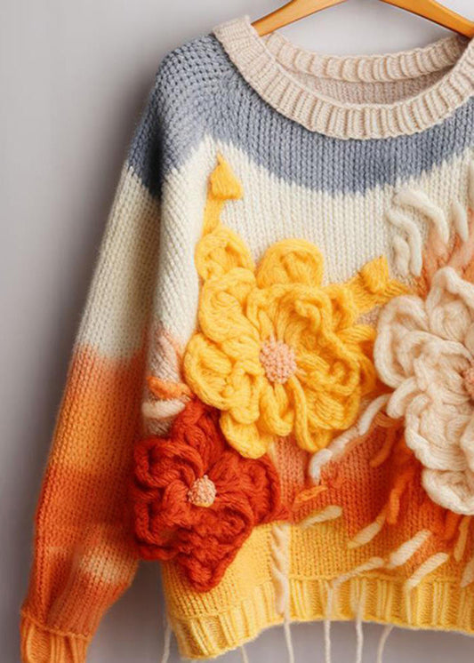 Beautiful Yellow Floral  Cozy Cotton Knit Top Long Sleeve