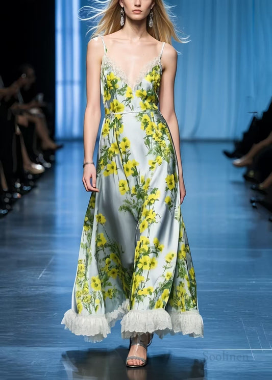 Beautiful Yellow Floral Patchwork Lace Spaghetti Strap Sundress Summer