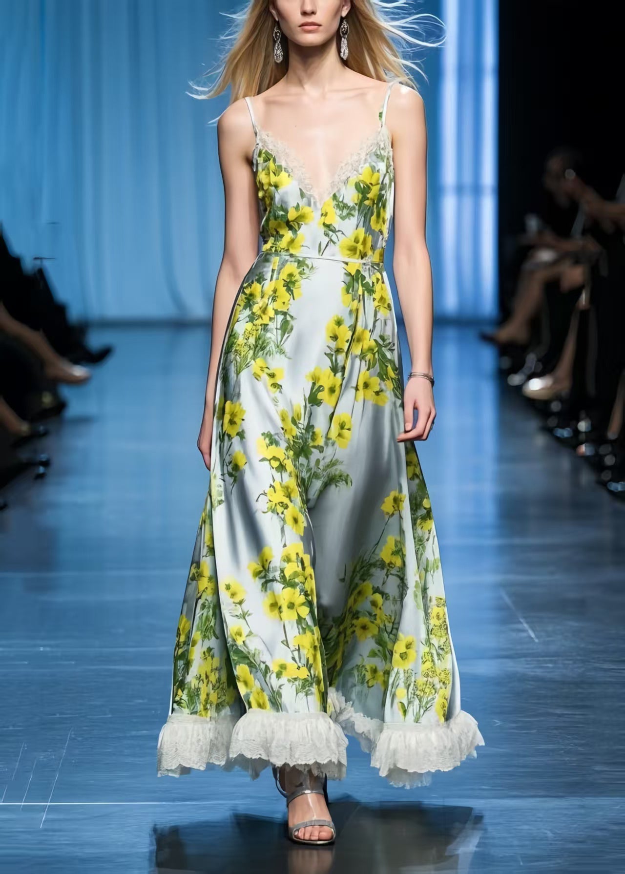 Beautiful Yellow Floral Patchwork Lace Spaghetti Strap Sundress Summer