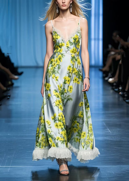 Beautiful Yellow Floral Patchwork Lace Spaghetti Strap Sundress Summer