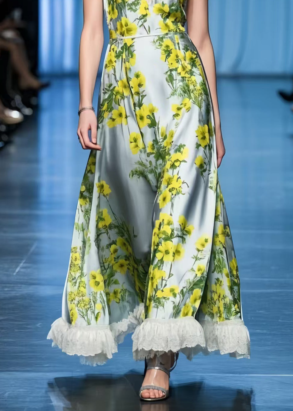 Beautiful Yellow Floral Patchwork Lace Spaghetti Strap Sundress Summer