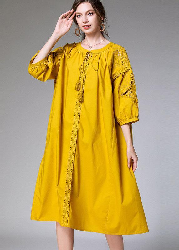 Beautiful Yellow Hollow Out Embroideried Spring Three Quarter Sleeve Mid Dress - SooLinen
