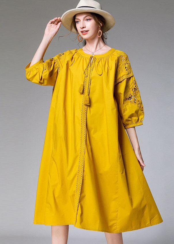 Beautiful Yellow Hollow Out Embroideried Spring Three Quarter Sleeve Mid Dress - SooLinen
