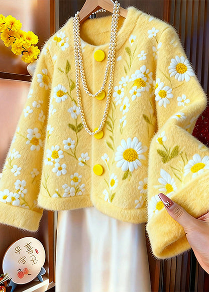 Beautiful Yellow O Neck Dotted Daisy Knit Cardigans Winter