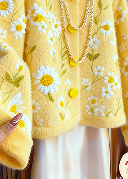 Beautiful Yellow O Neck Dotted Daisy Knit Cardigans Winter