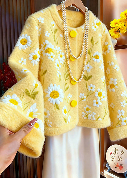 Beautiful Yellow O Neck Dotted Daisy Knit Cardigans Winter
