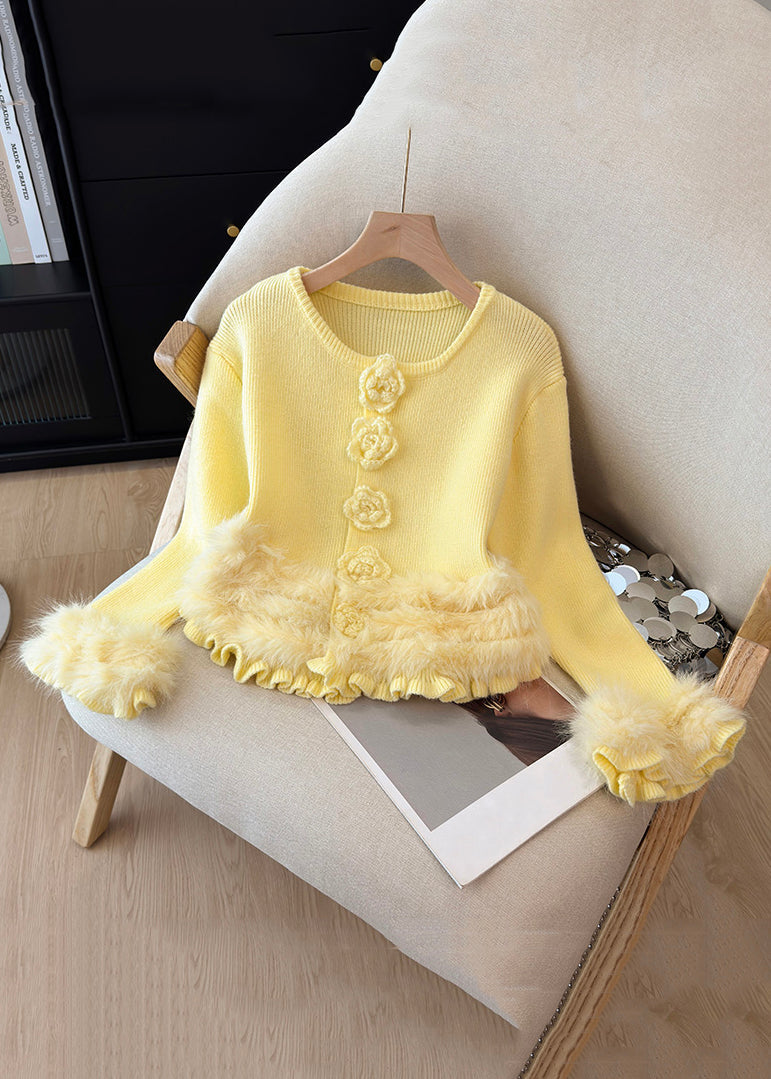 Beautiful Yellow O Neck Fluffy Patchwork Knit Sweater Winter