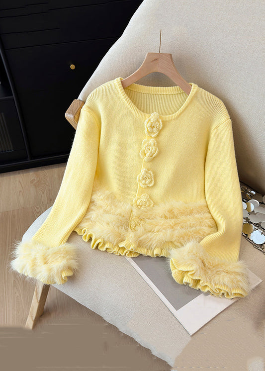 Beautiful Yellow O Neck Fluffy Patchwork Knit Sweater Winter