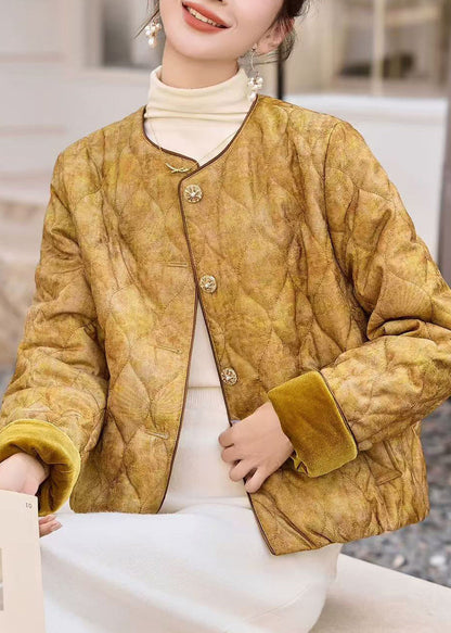 Beautiful Yellow O Neck Pockets Jacquard Fine Cotton Filled Jacket Winter