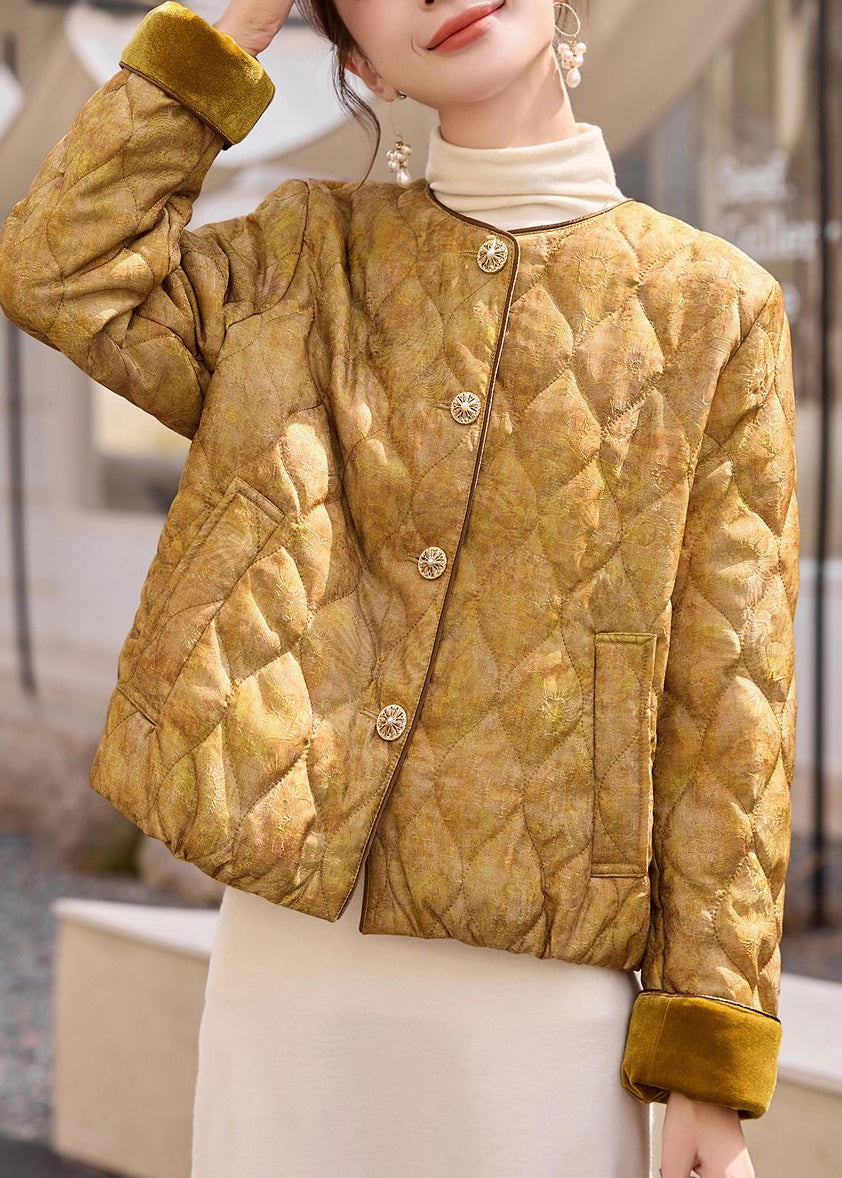 Beautiful Yellow O Neck Pockets Jacquard Fine Cotton Filled Jacket Winter