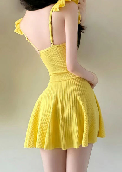 Beautiful Yellow Patchwork Ruffled Swimwear Dress Bodysuit