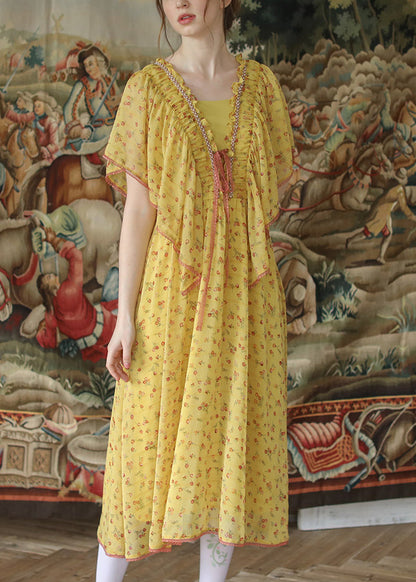 Beautiful Yellow Ruffled Lace Up Nail Bead Chiffon Long Dresses Summer