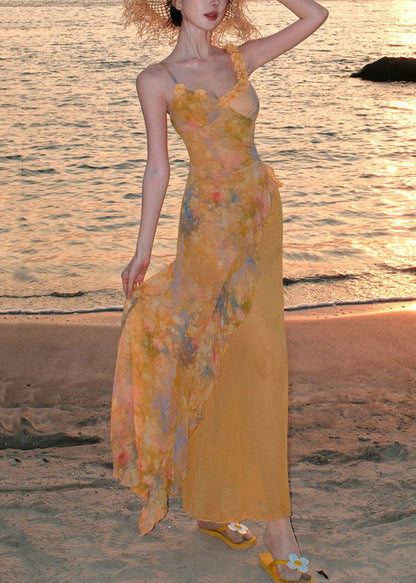 Beautiful Yellow Ruffled Print Chiffon Long Spaghetti Strap Dress Summer