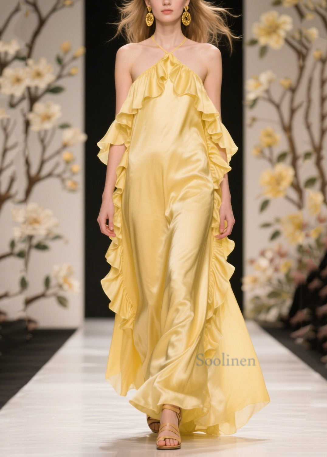 Beautiful Yellow Ruffles Cold Shoulder Silk Halter Dress Summer