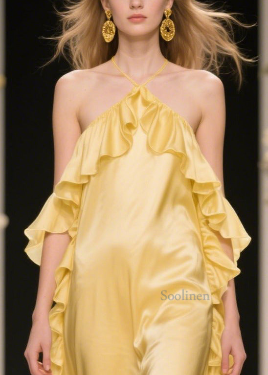 Beautiful Yellow Ruffles Cold Shoulder Silk Halter Dress Summer