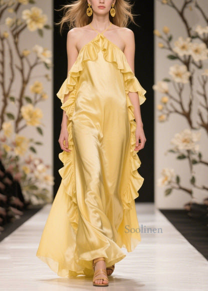 Beautiful Yellow Ruffles Cold Shoulder Silk Halter Dress Summer