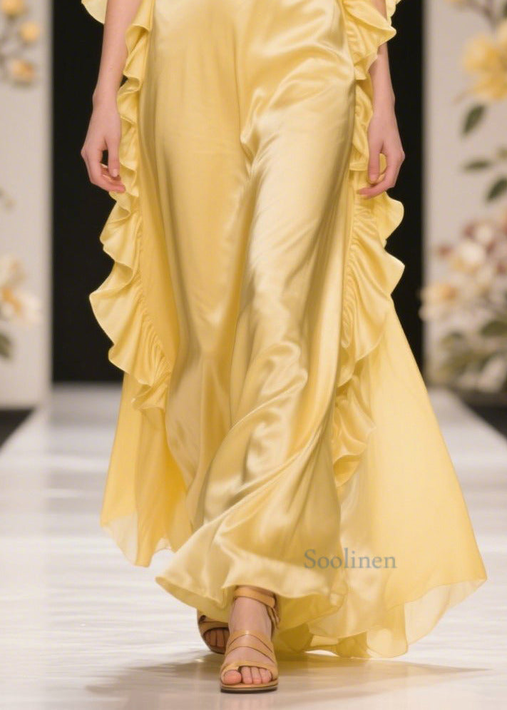 Beautiful Yellow Ruffles Cold Shoulder Silk Halter Dress Summer