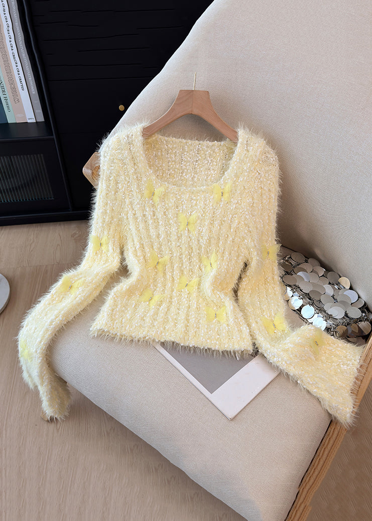 Beautiful Yellow Square Collar Butterfly Knit Sweaters Winter