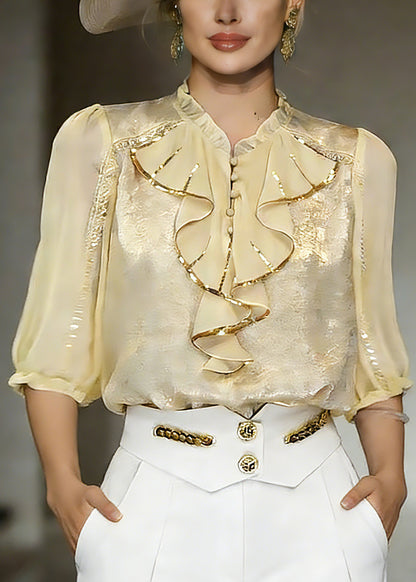 Beautiful Yellow Stand Collar Ruffled Chiffon Shirt Summer