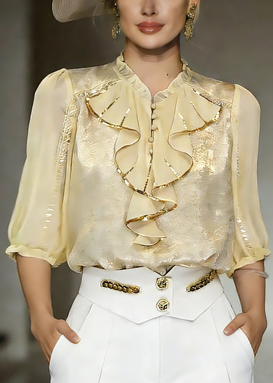 Beautiful Yellow Stand Collar Ruffled Chiffon Shirt Summer