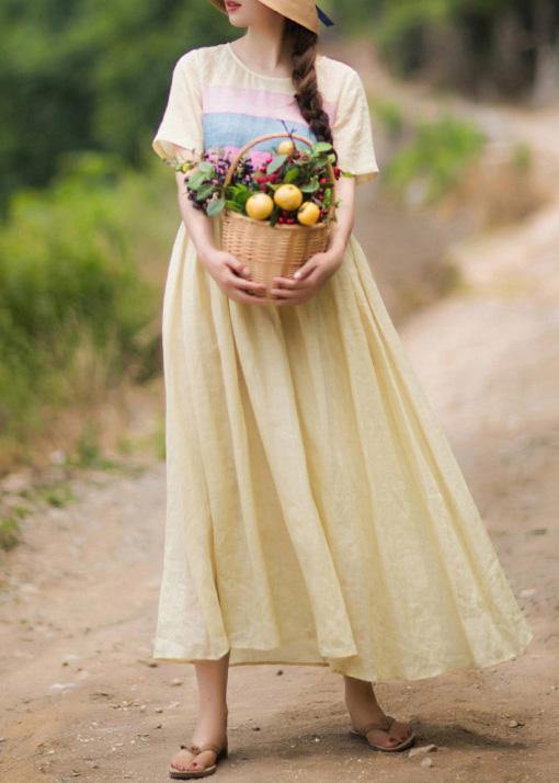 Beautiful Yellow Tunic Dress O Neck Patchwork Traveling Summer Dresses - SooLinen