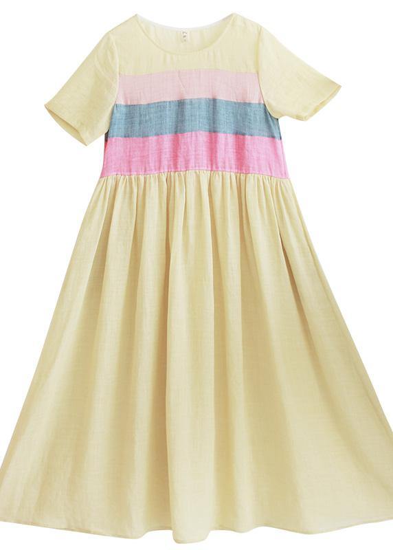 Beautiful Yellow Tunic Dress O Neck Patchwork Traveling Summer Dresses - SooLinen