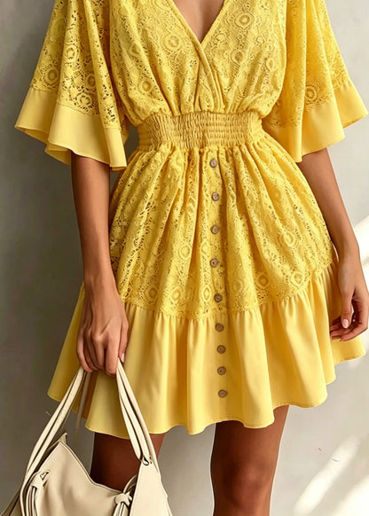 Beautiful Yellow V Neck Patchwork Lace Dresses Flare Sleeve