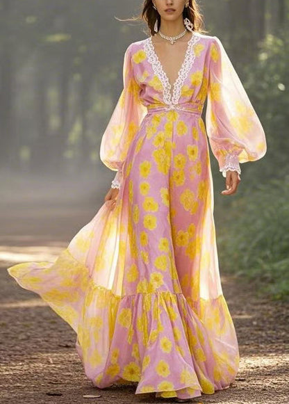 Beautiful Yellow V Neck Print Chiffon Maxi Dresses Spring